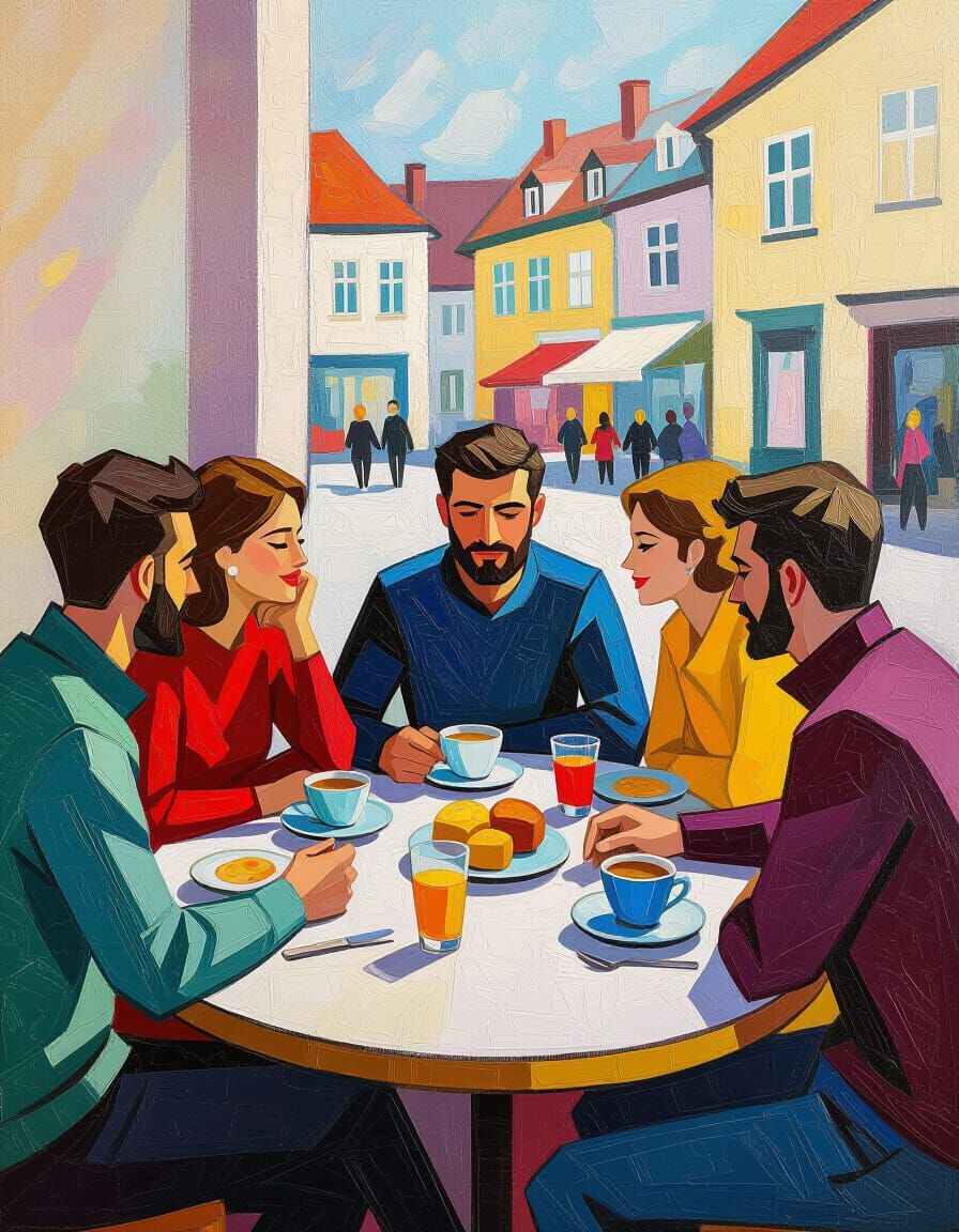 Friends Enjoying Breakfast in Neo-Impressionistic Style