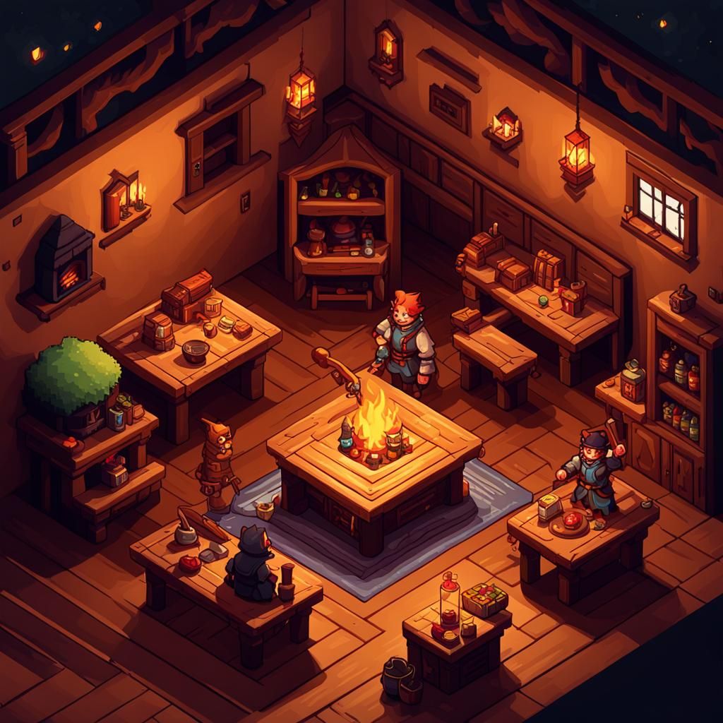 Isometric Tavern Scene with Adventurers and Bard