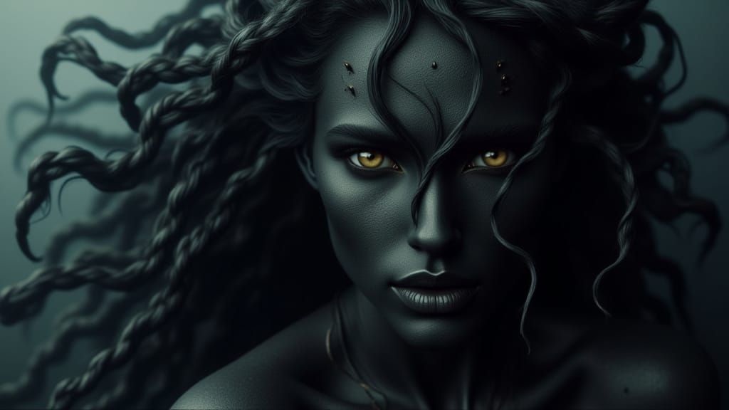 Medusa with Tangled Hair in Dark Night