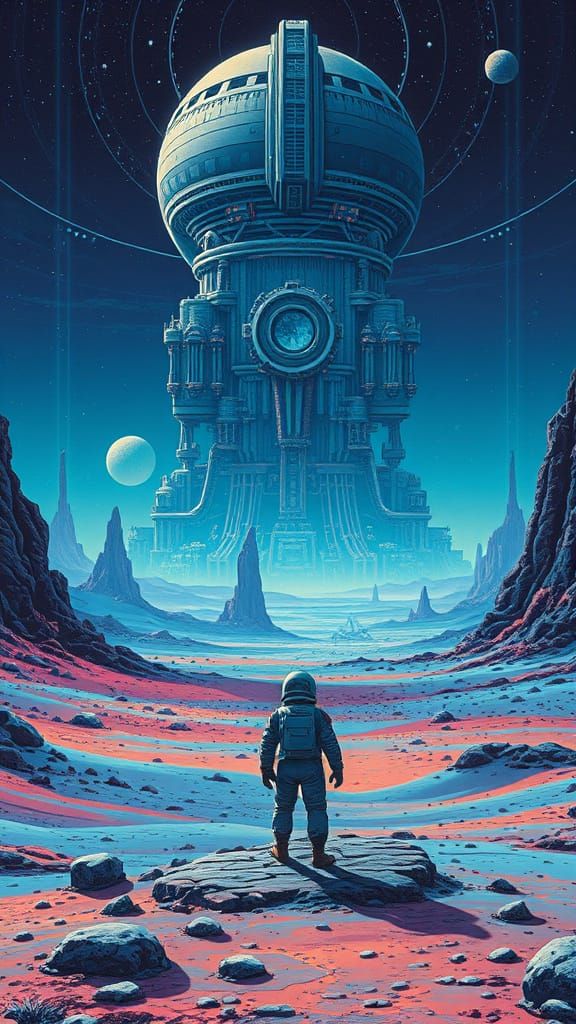 Astronaut and Quantum Computer in Retrofuturist Style