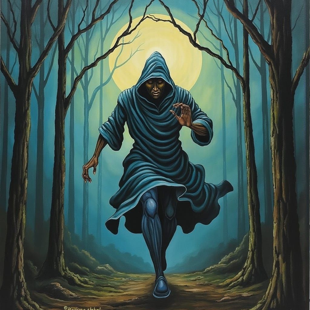 Cloaked Figure Runs Through Misty Forest