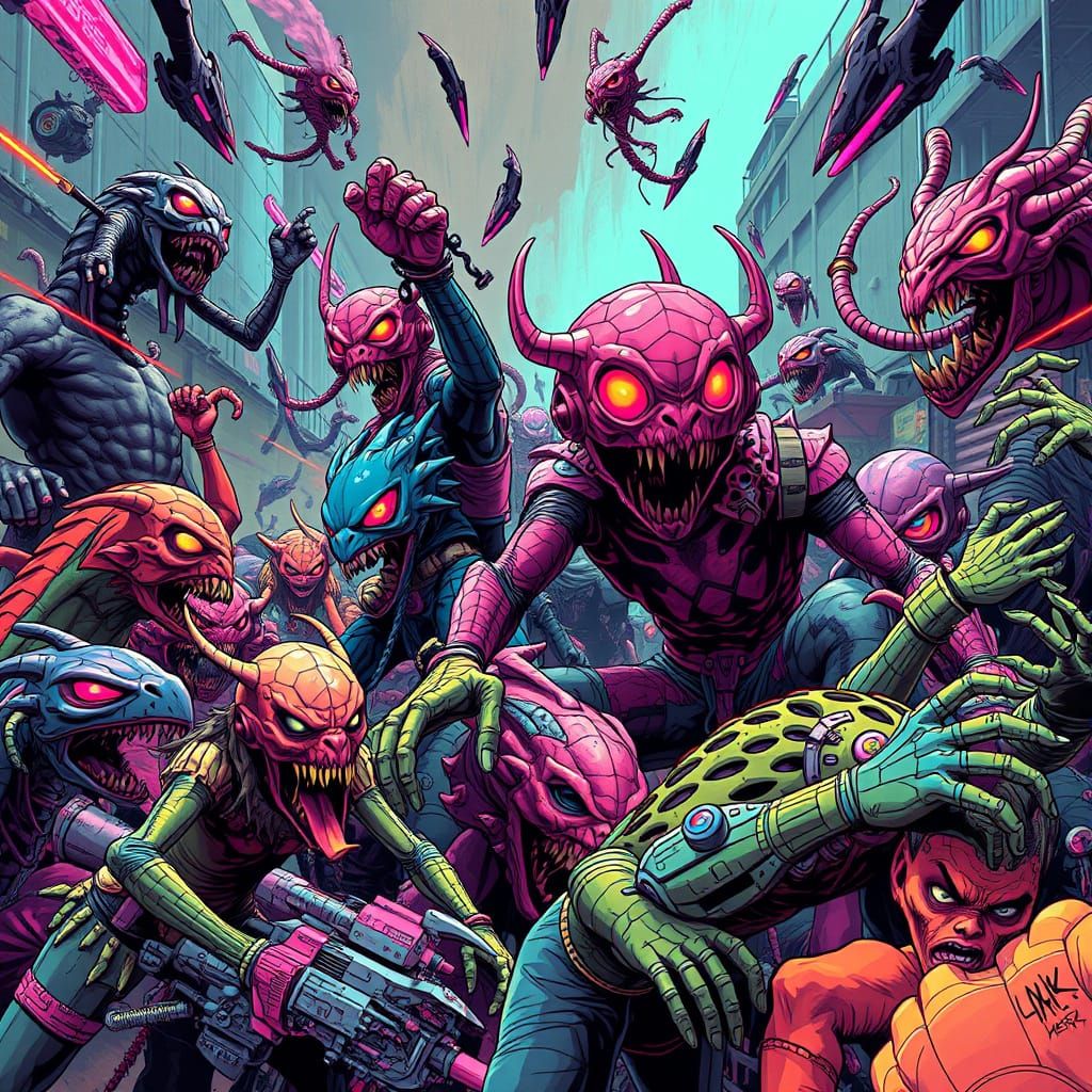 Vibrant Cyberpunk Riot in Dynamic Motion