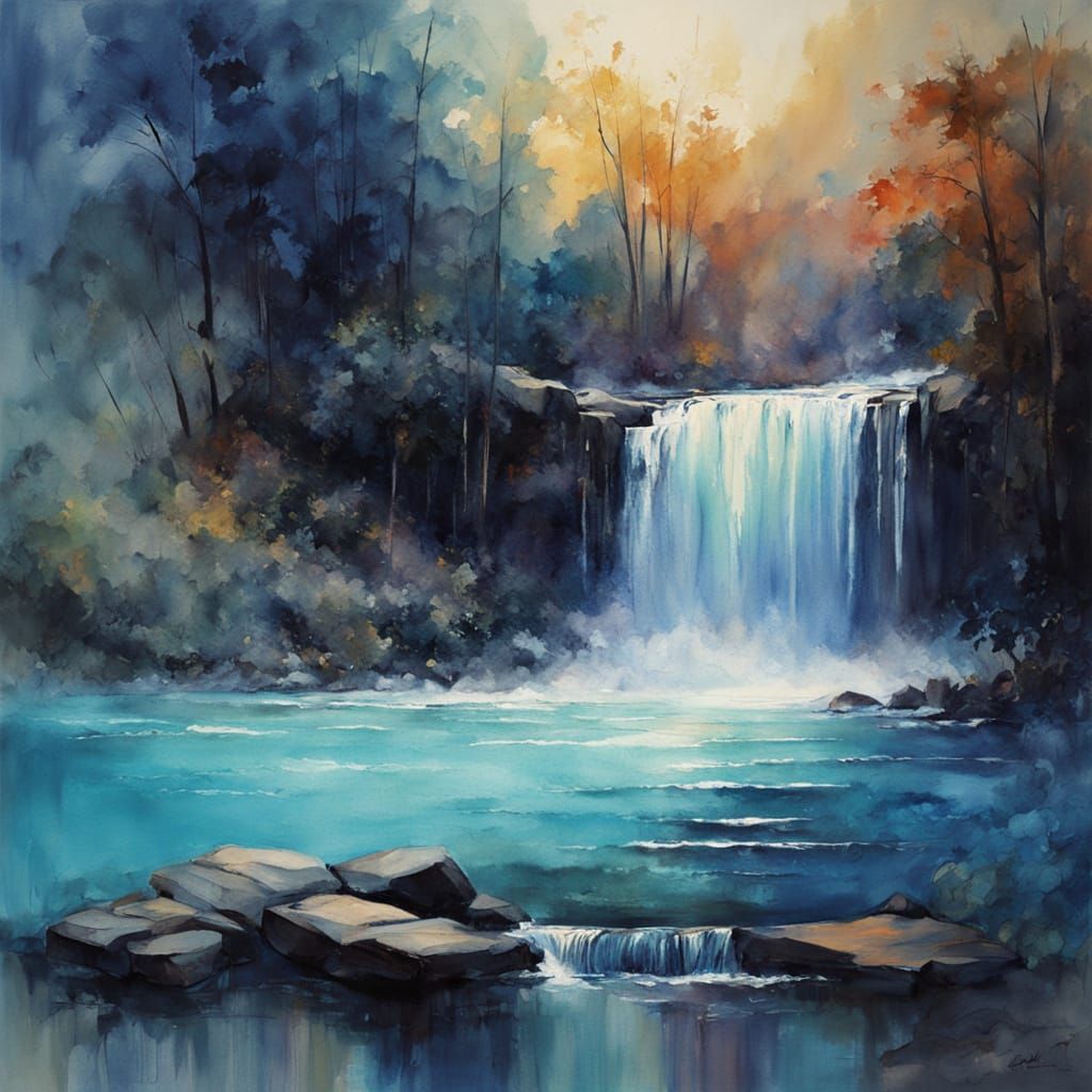 Roaring Waterfall at Twilight in Watercolor