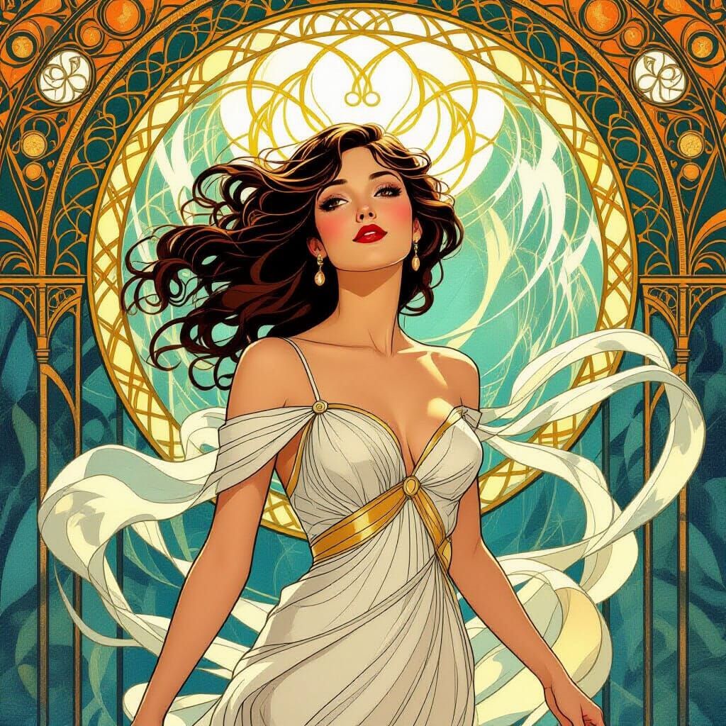 Woman Dancer with Water and Gold Lines in Art Deco Style