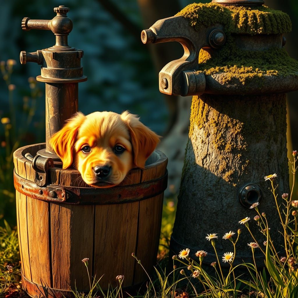 Golden Retriever Puppy Beside Ancient Pump in Fantasy Landsc...