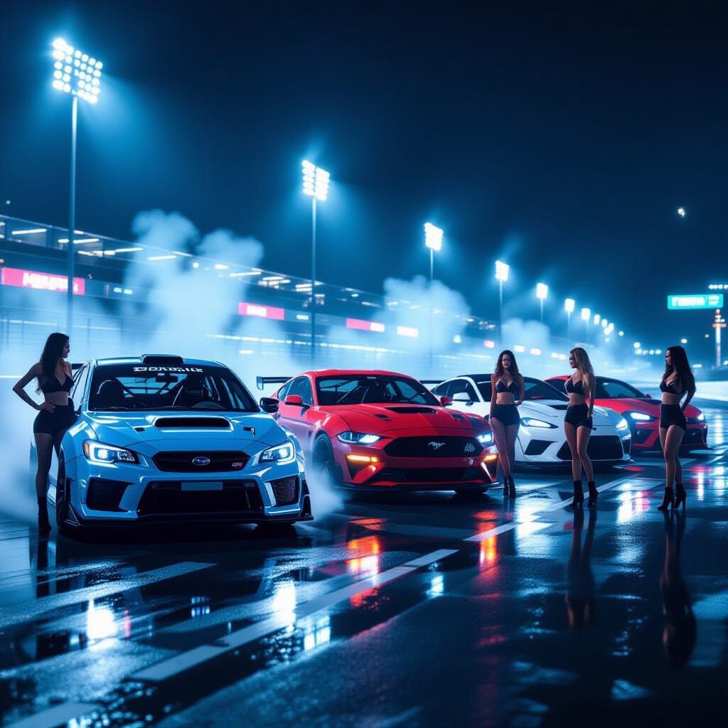 Night Race: Neon Reflections on Classic Cars