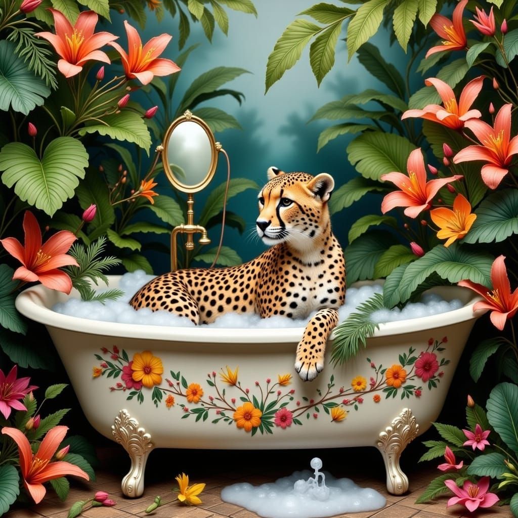 Whimsical Cheetah in Vintage Bathtub Scene