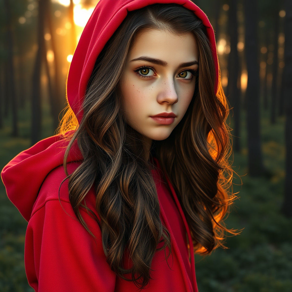 Girl in Red Hoodie Amidst Forest Sunset