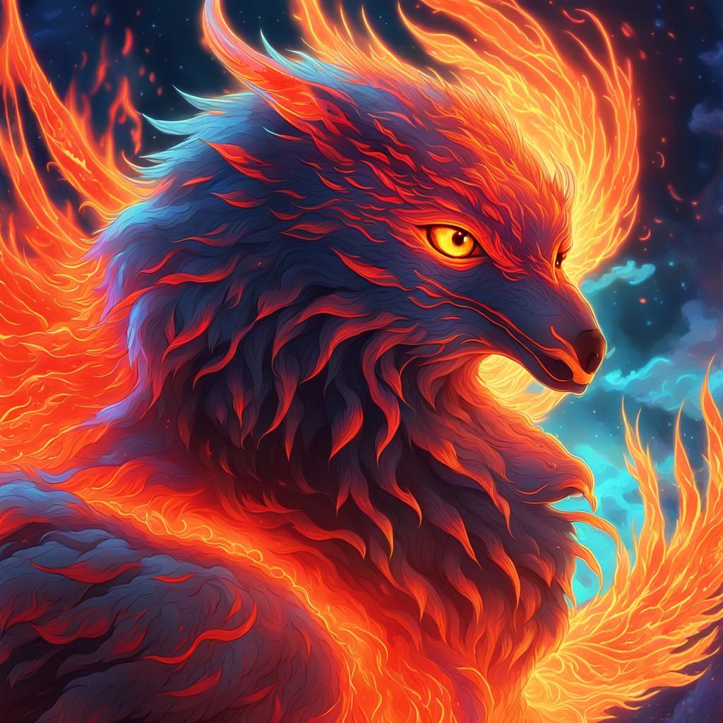 Vibrant Phoenix-Wolf Fusion in Neon Dreamscape