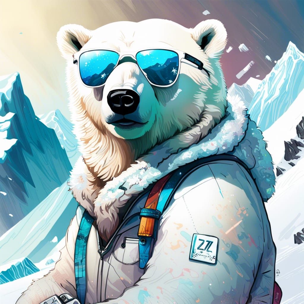 Polar Bear on Snowboard in Cartoon Style