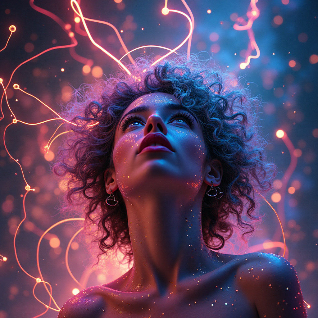 Awestruck Woman in Psychedelic Dreamscape