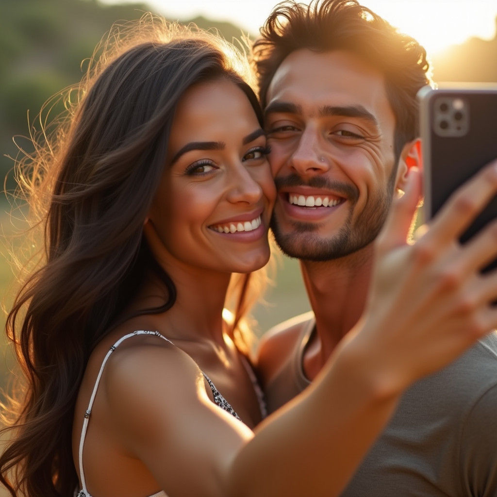 Romantic Selfie of Kissing Couple in Golden Light