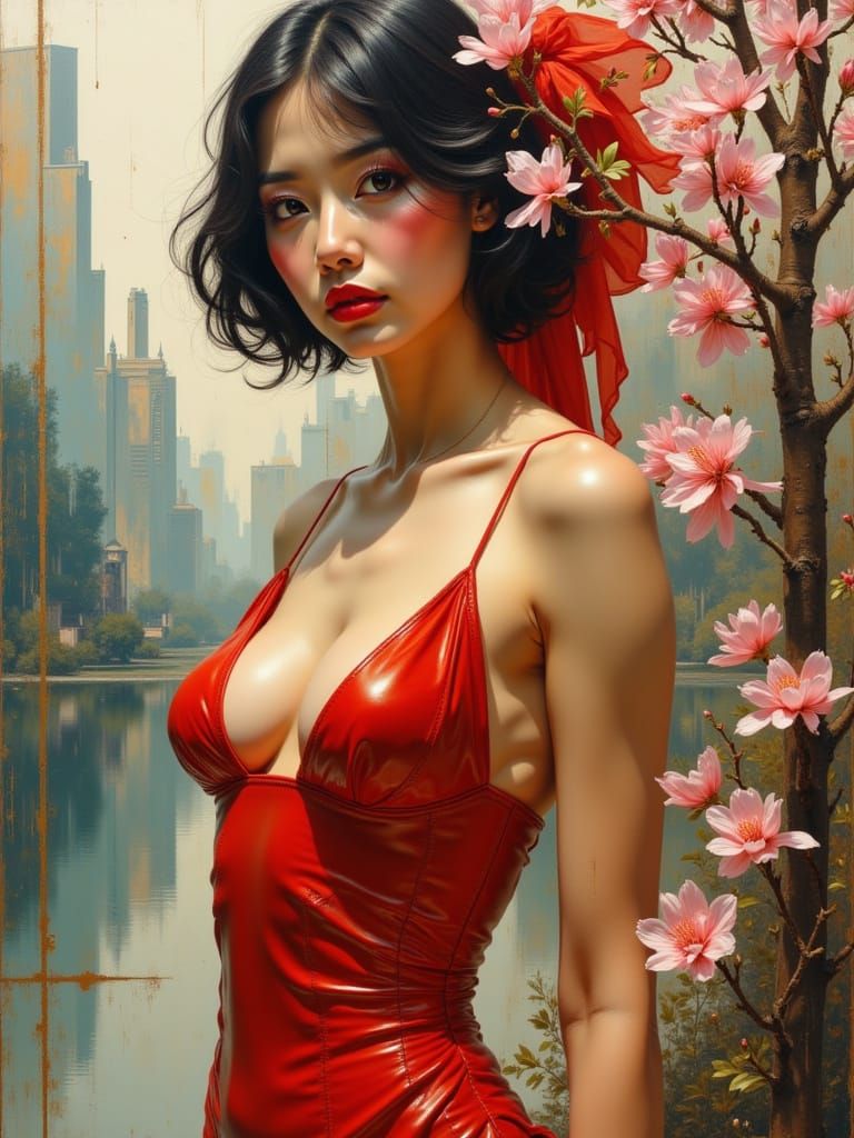 Retrofuturistic Art Deco Pin-Up in Geometric Garden