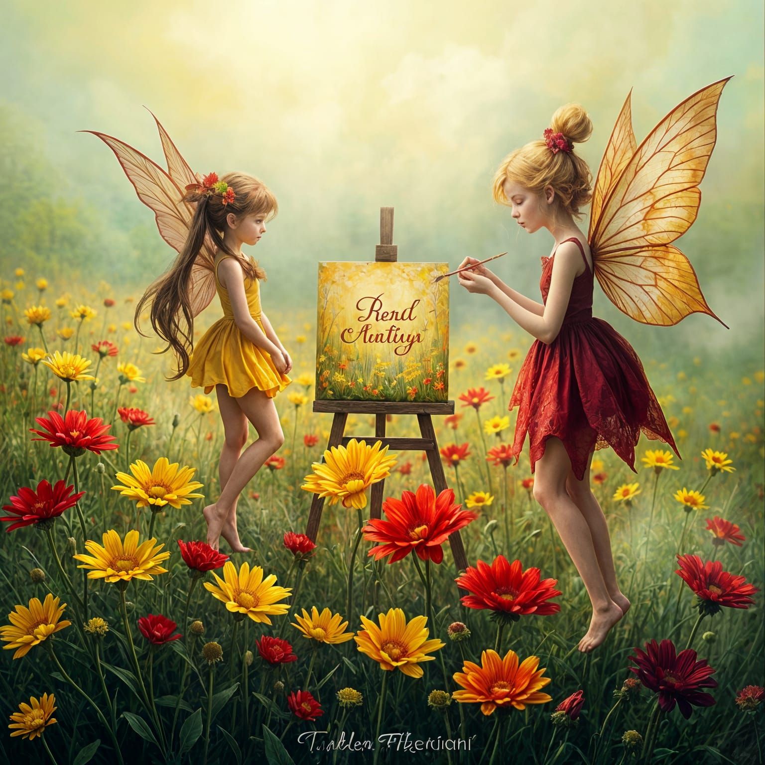 Red and Yellow Fairies Paint in Vibrant Surreal Landscape