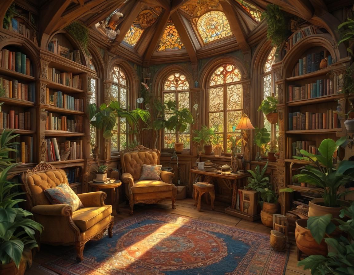 Cozy Reader Nook in Magical Fairytale Library