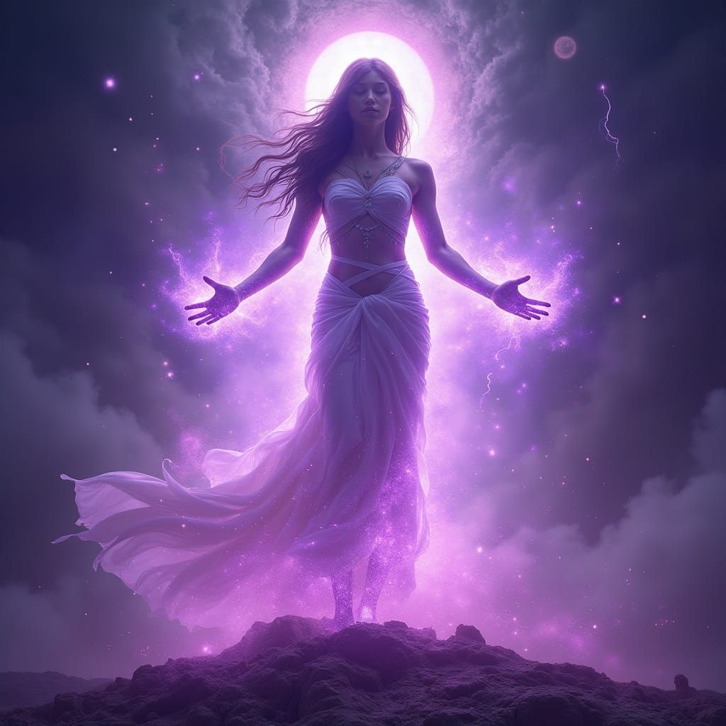 Ethereal Goddess Enveloped in Cosmic Energy Barrier