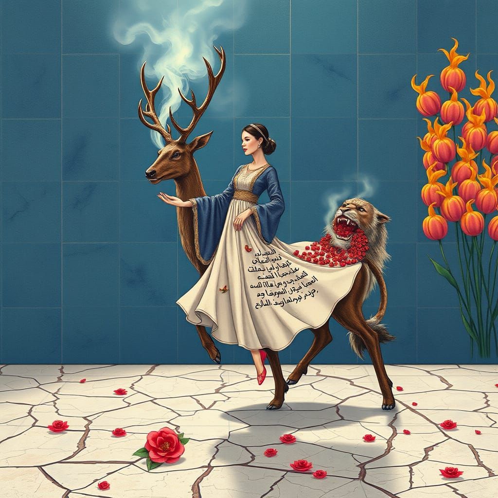 Surreal Persian Miniature: Woman, Deer, and Lions