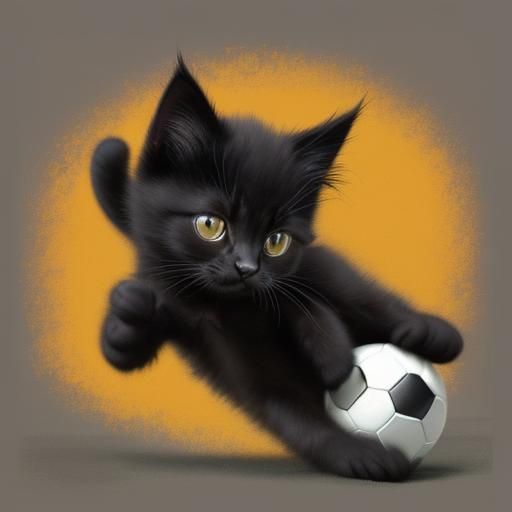 Fluffy Kitten Plays Football in Abstract Art Style