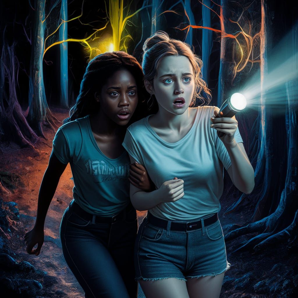 Frightened Women Walking in Forest at Night