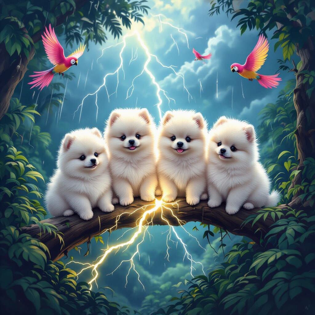 Pomeranians on Lightning Bolt in Jungle Storm