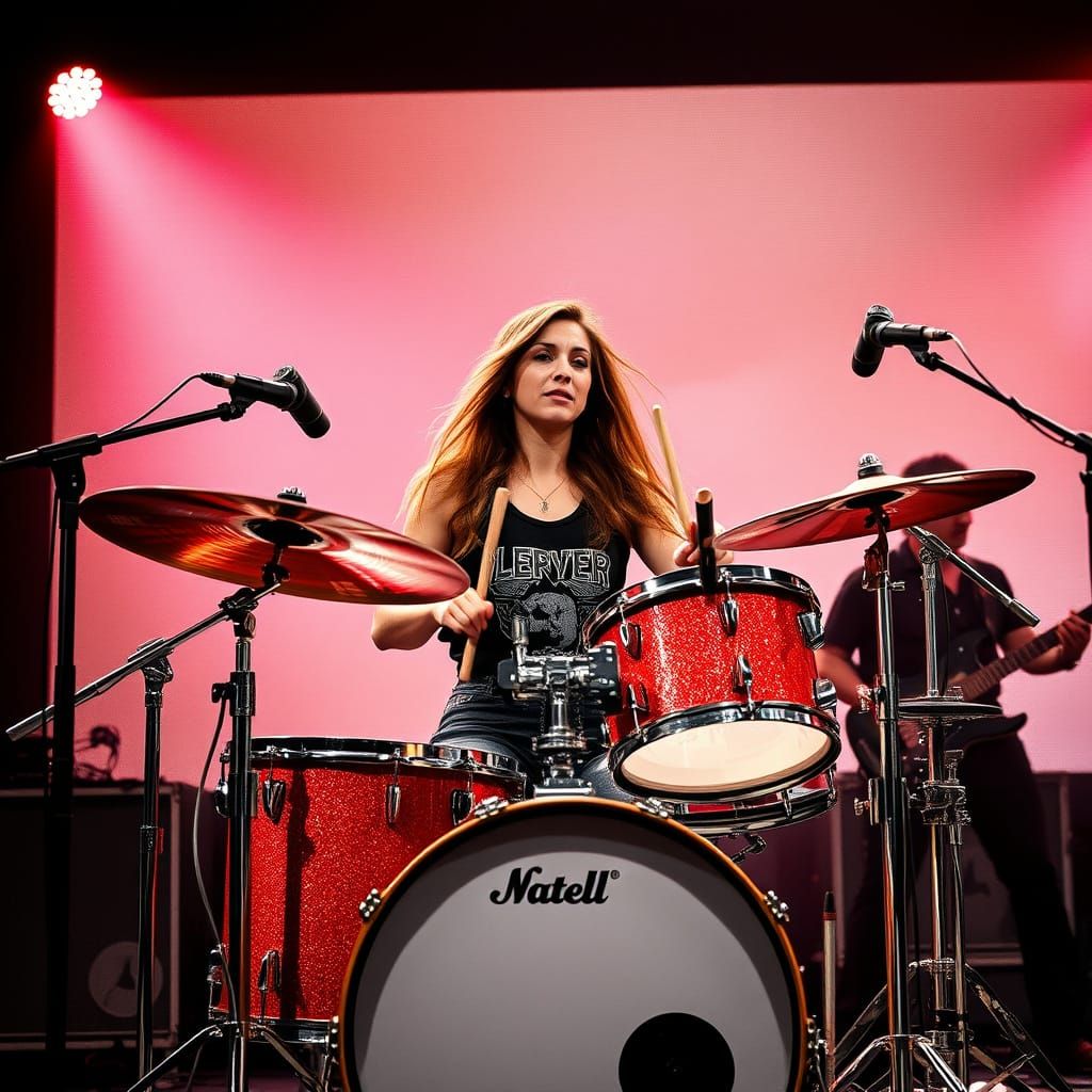 Female Rock Drummer in Intense Solo Performance