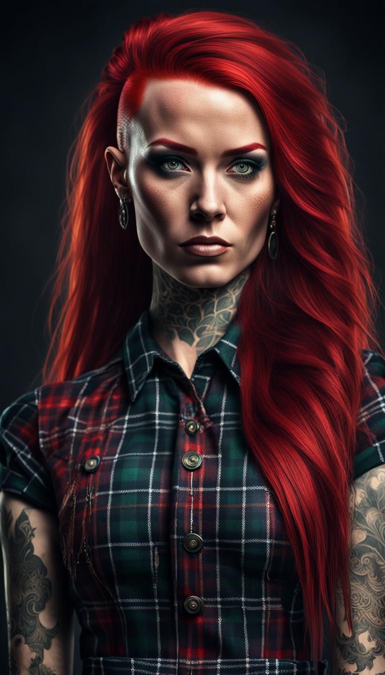 Punk Rock Girl with Tattoos and Tartan Dress