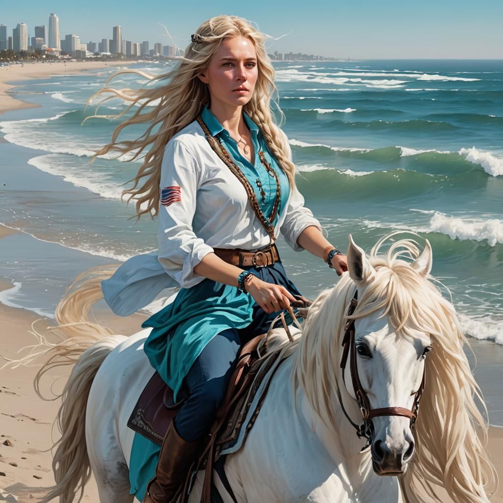 Woman Rides White Horse on Beach: Fantasy Art