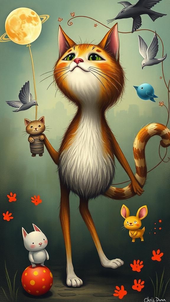 Whimsical Cat Illustration in Fantasy Style