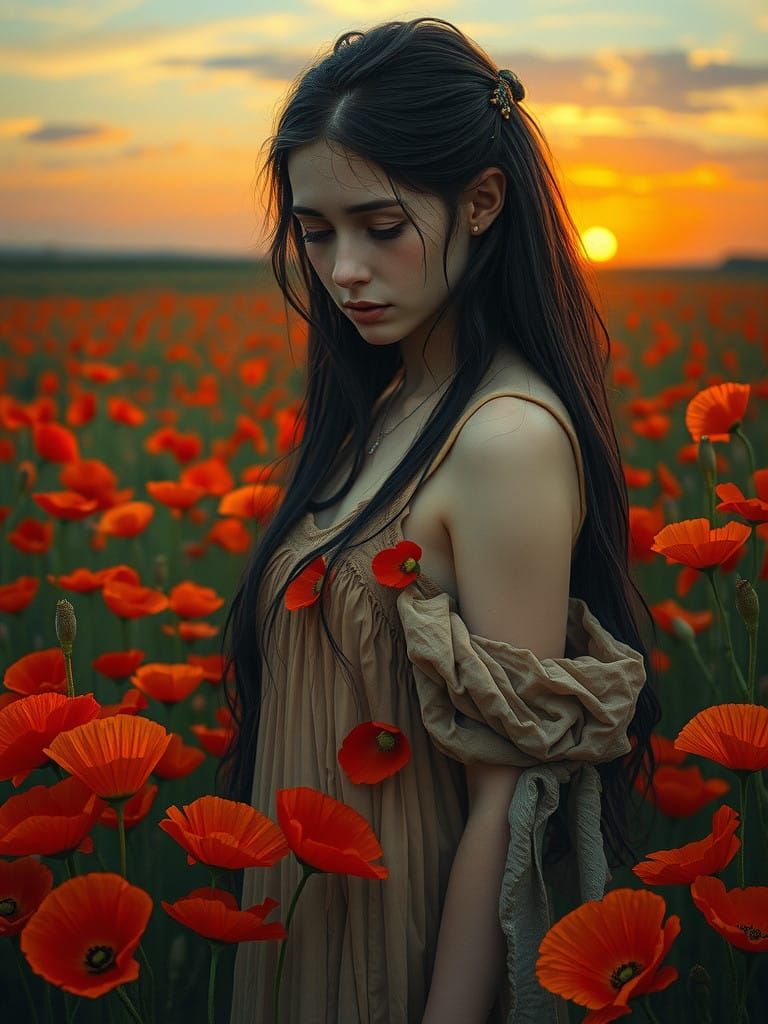 A Young Woman Lost in a Field of Fiery Poppies