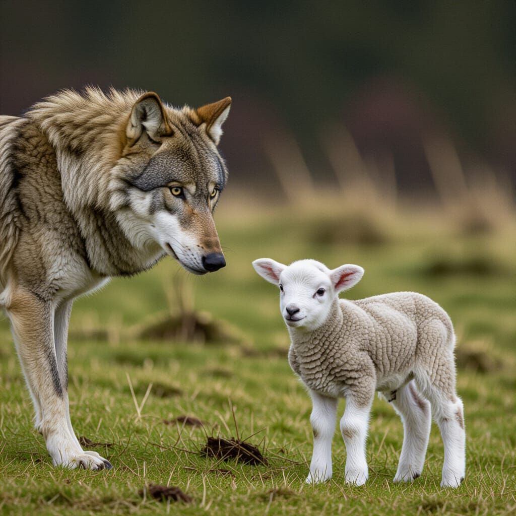 A Timid Lamb Hides From a Wolf