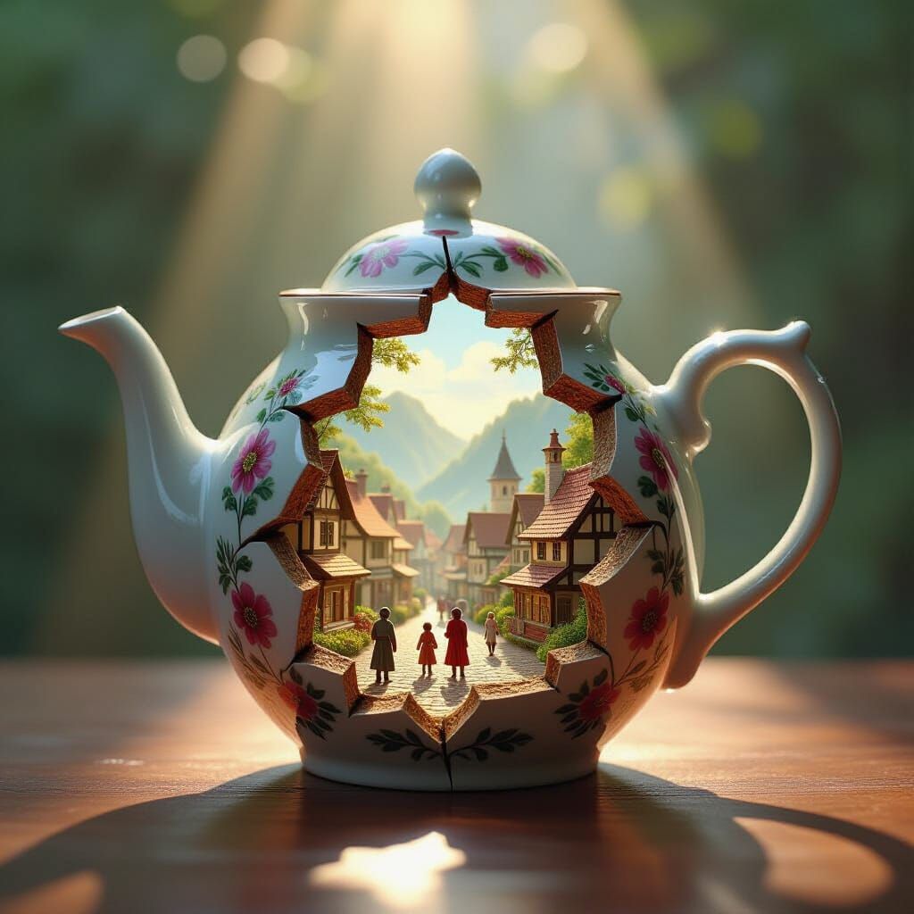 Cracked Teapot Reveals Miniature Medieval Village Scene