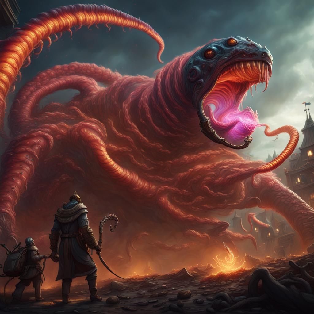 Glowing Worm Attacks Caravan, Fantasy Concept Art