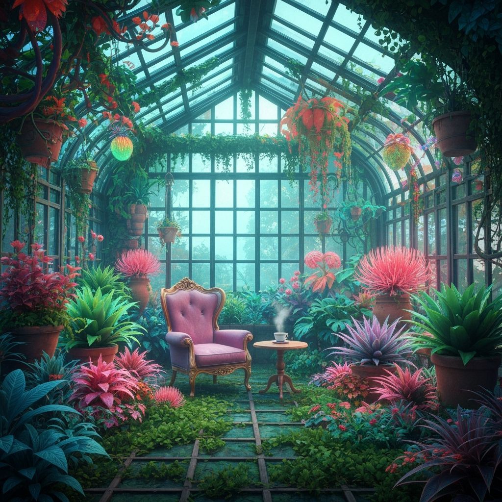 Mystical Greenhouse with Bioluminescent Plants and Armchair