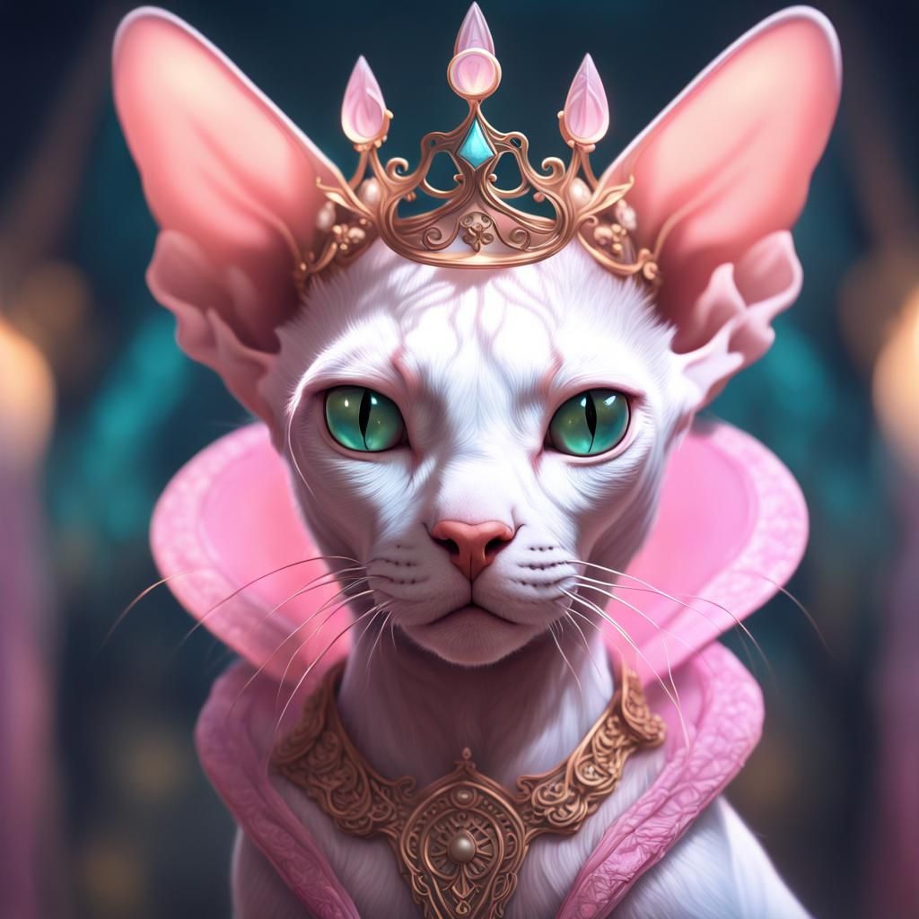 Pastel Pink Kitten Sphinx with Crown, Fantasy Art