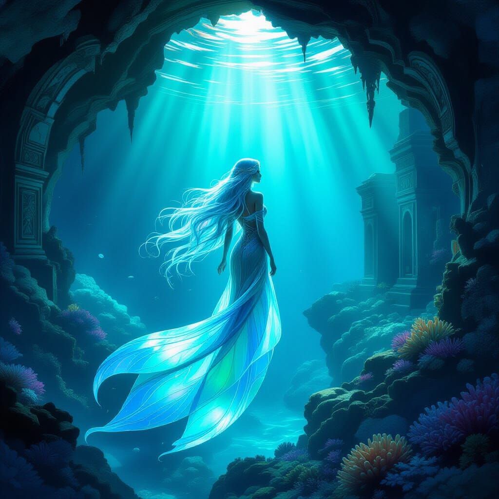 Ethereal Siren in Bioluminescent Ocean Cave