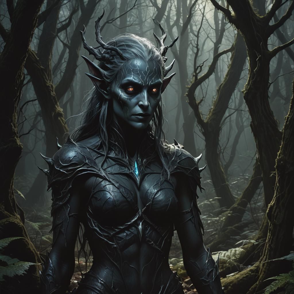 Dark Fantasy Drow Elf in Twisted Forest