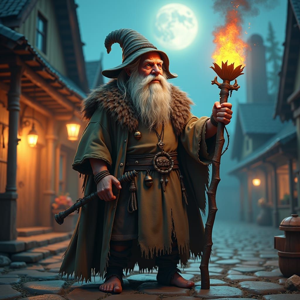 Halfling Witchdoctor in Burning Village, Dark Fantasy Art