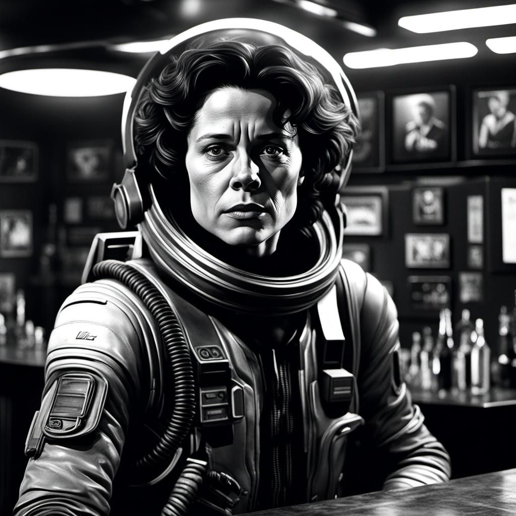 Ellen Ripley Portrait in Space Bar: Black and White Photogra...