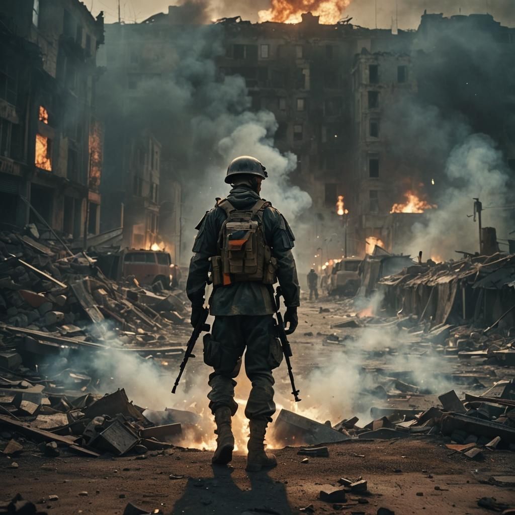 Modern Soldier in War-Torn City: Cinematic Film Still