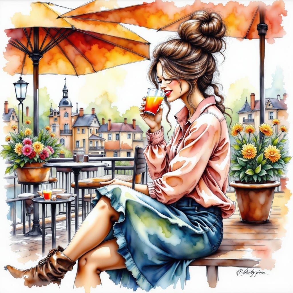 Woman Drinks Juice at Terrace Bar Watercolor Painting