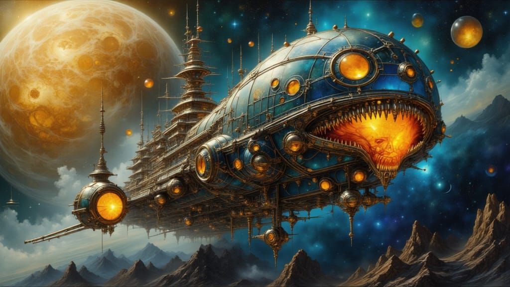 Steampunk Alien Battle Cruiser in Renaissance Style