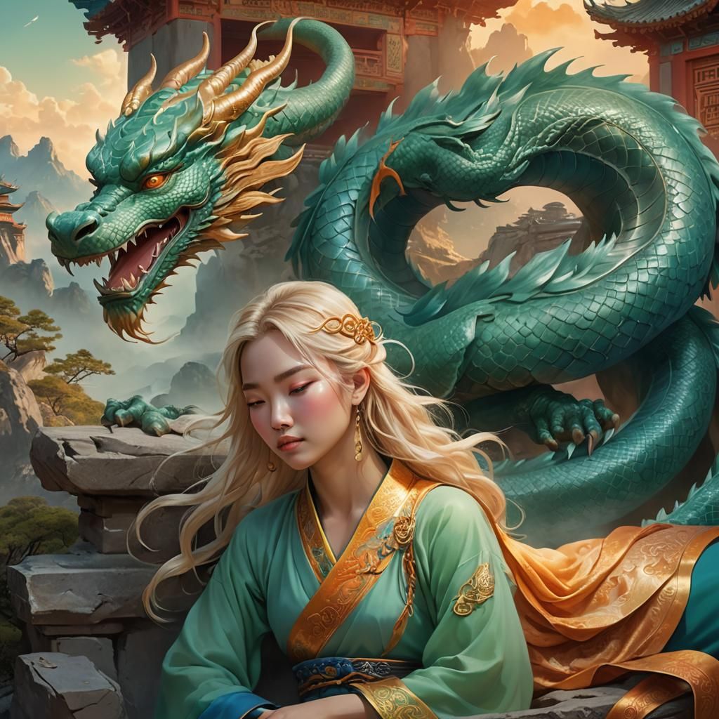 Girl and Dragon in Ancient China: Fantasy Art