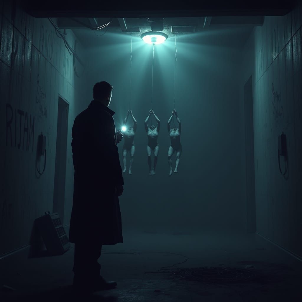 Cyberpunk Figure Stands in Abandoned, Dimly Lit Room