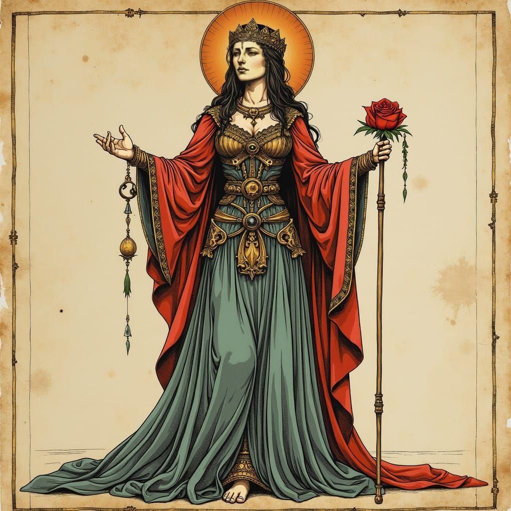 Goddess Ishtar in Renaissance Style Drawn on Old Parchment