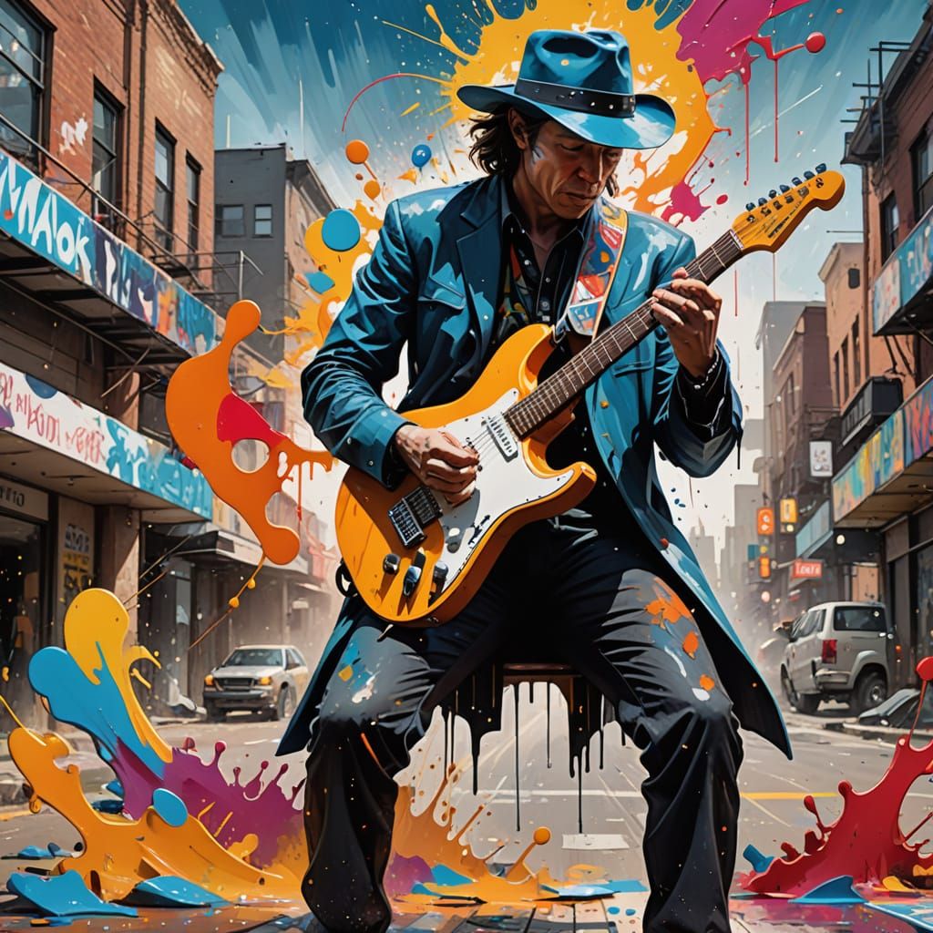 Street Art Masterpiece: Vibrant Guitarist in Dynamic Citysca...