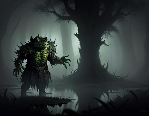 Bullywug in Misty Swamp: Dark Fantasy Art