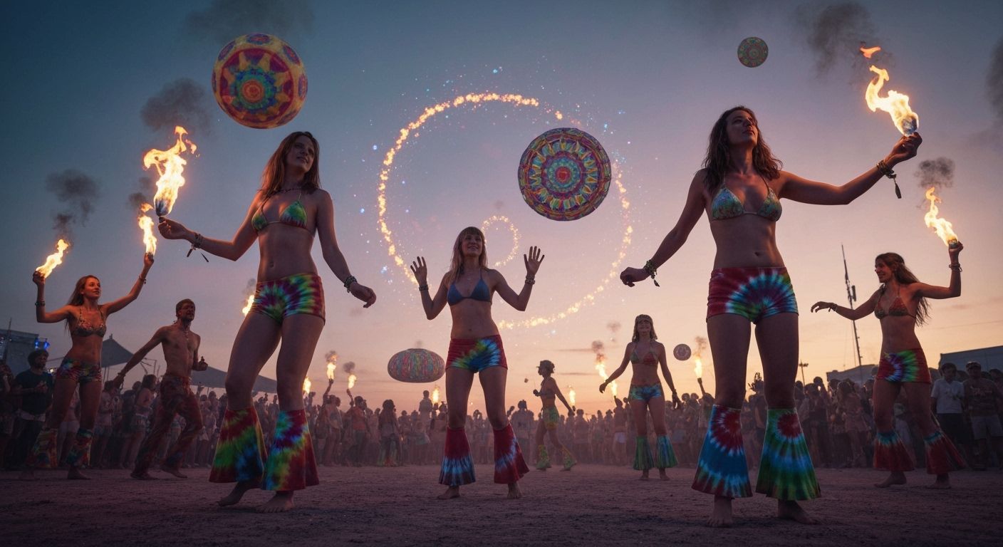 Surreal Woodstock Crowd at Dusk with Fire Dancers