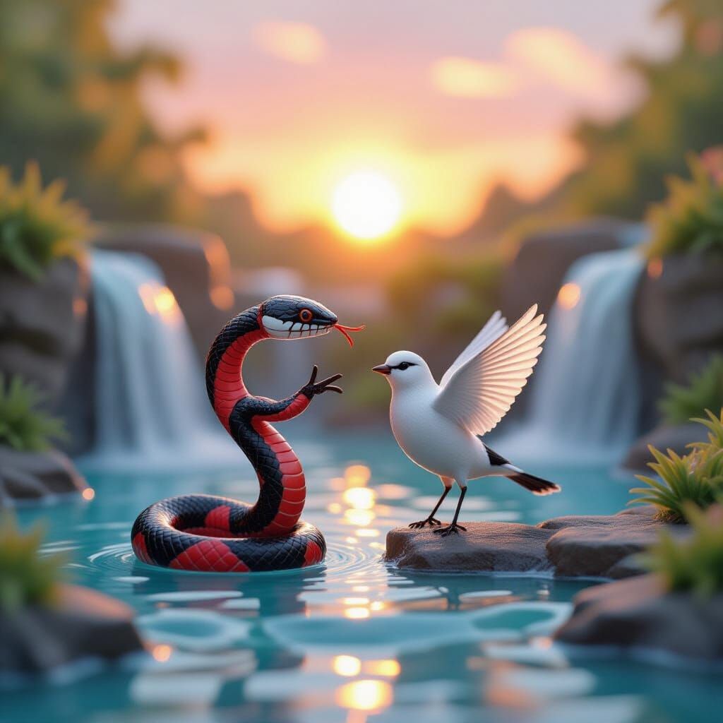 Snake and Finch Performers Under Pink Sunset