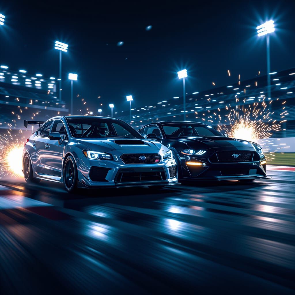 Night Race: Subaru vs. Mustang in Cyberpunk Style