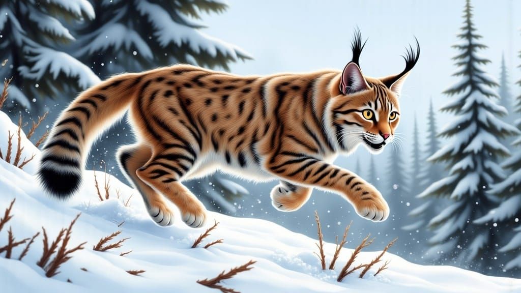 Lynx Mid-Leap in Snowy Wilderness: Wildlife Art